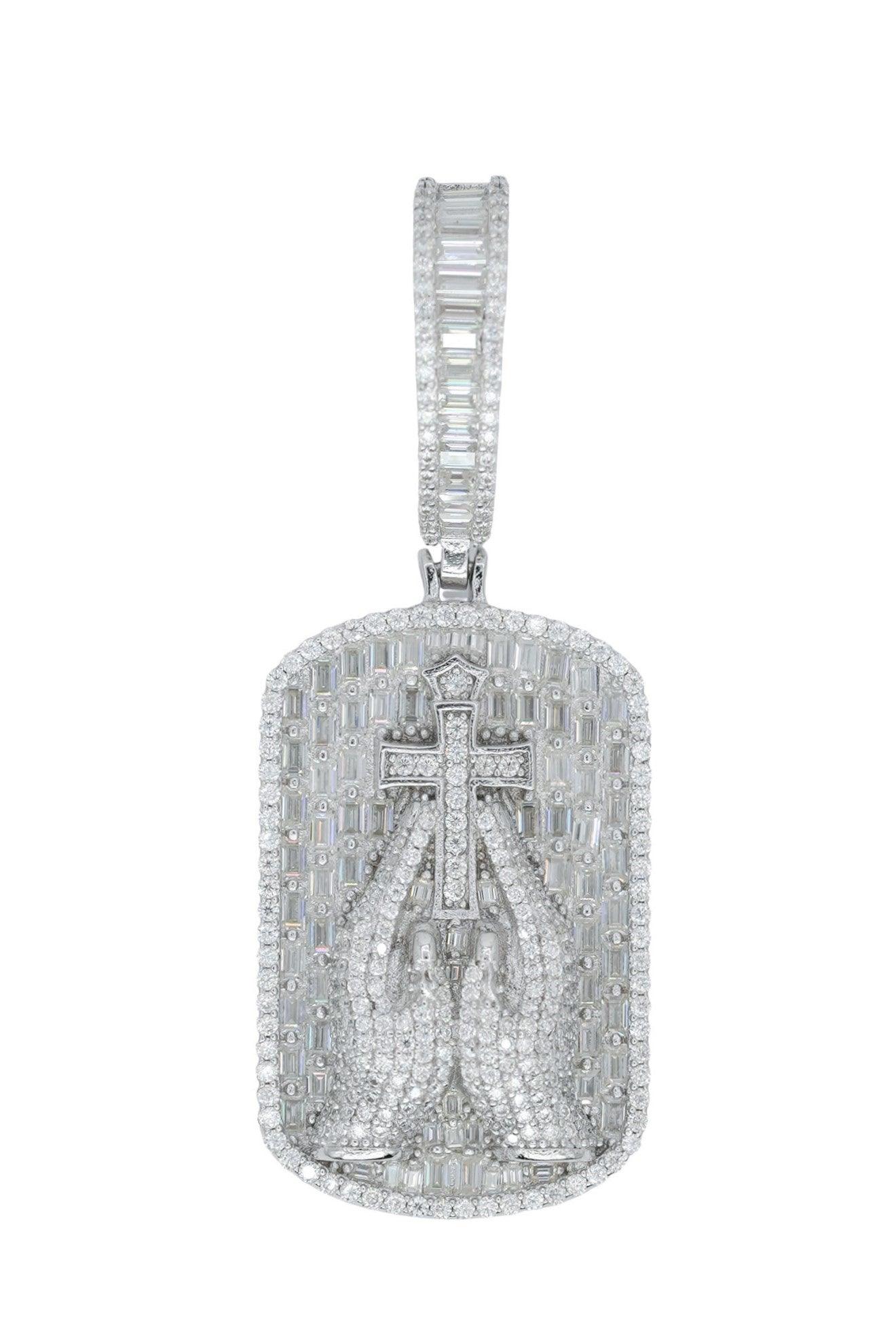 Round And Baguette VVS Moissanite Diamond Praying Hand Tag Pendant