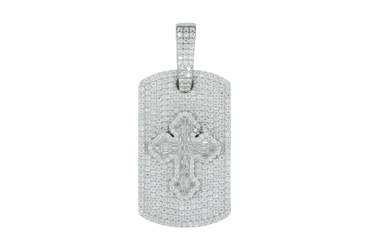 Round And Baguette VVS Moissanite Diamond Tag Cross Pendant