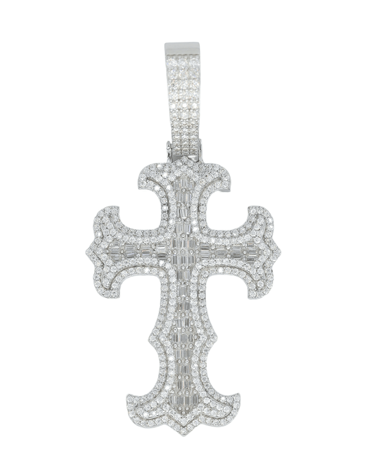 Round And Baguette VVS Moissanite Diamond Cross Pendant