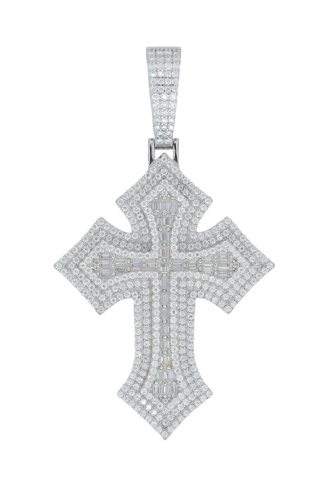 Round And Baguette VVS Moissanite Diamond Cross Pendant