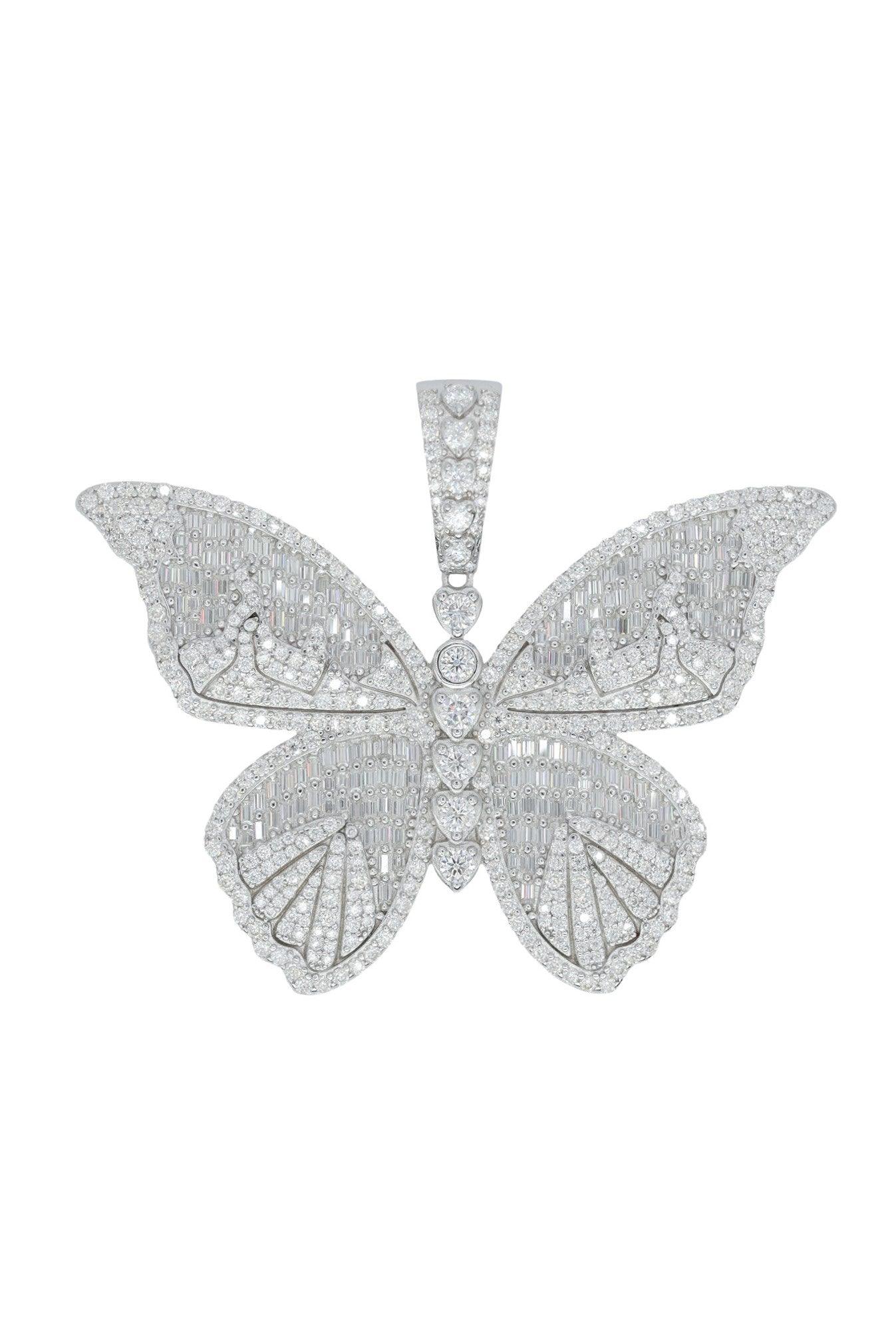 Round And Baguette VVS Moissanite Diamond Butterfly Pendant