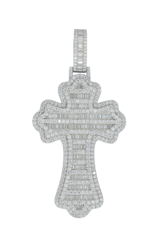 Round And Baguette VVS Moissanite Diamond Cross Pendant