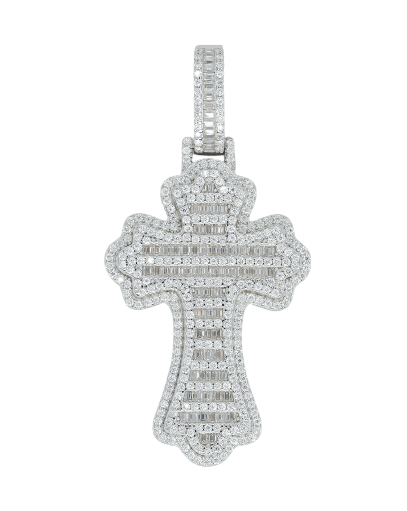 Round And Baguette VVS Moissanite Diamond Cross Pendant