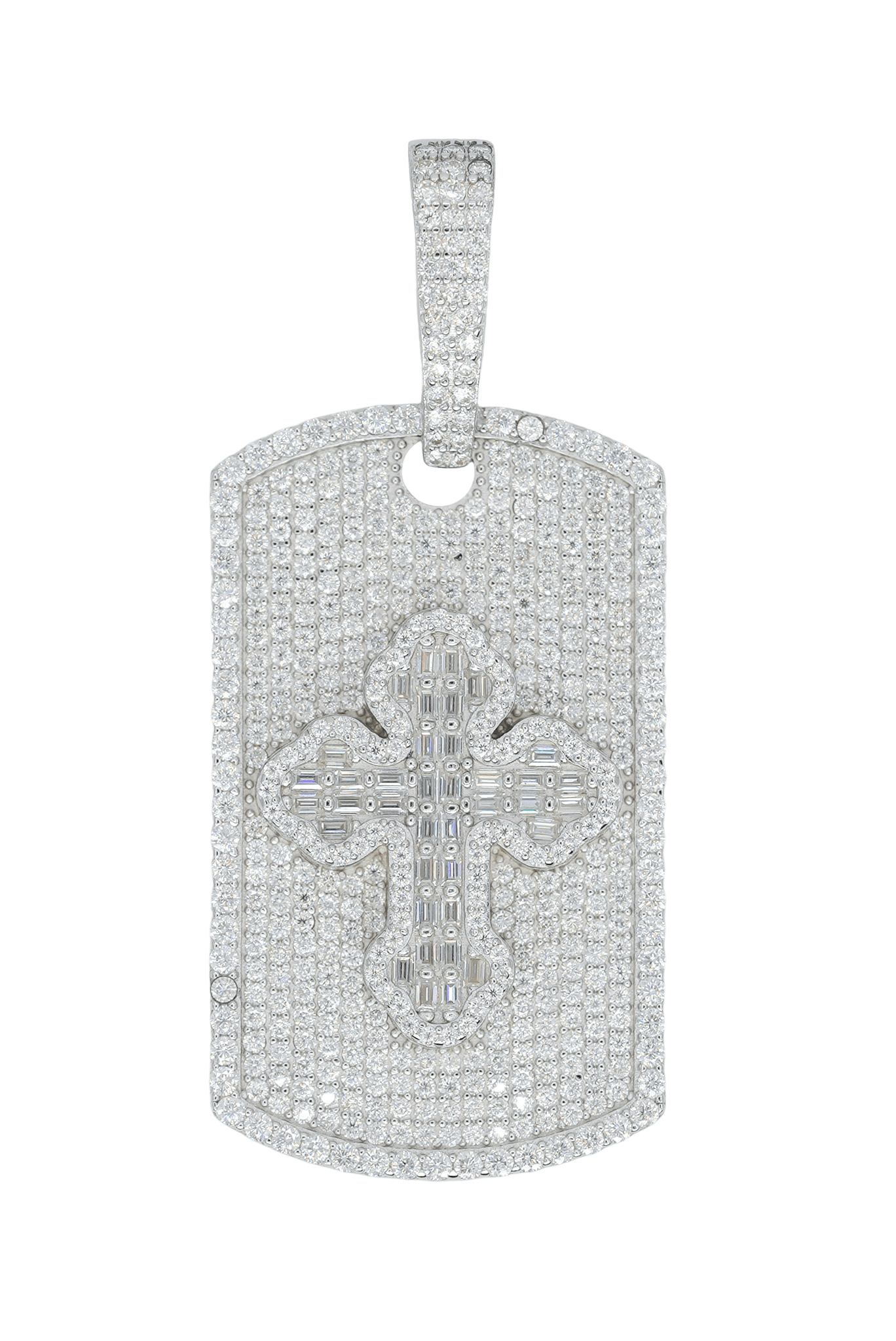 Round And Baguette VVS Moissanite Diamond Tag Cross Pendant