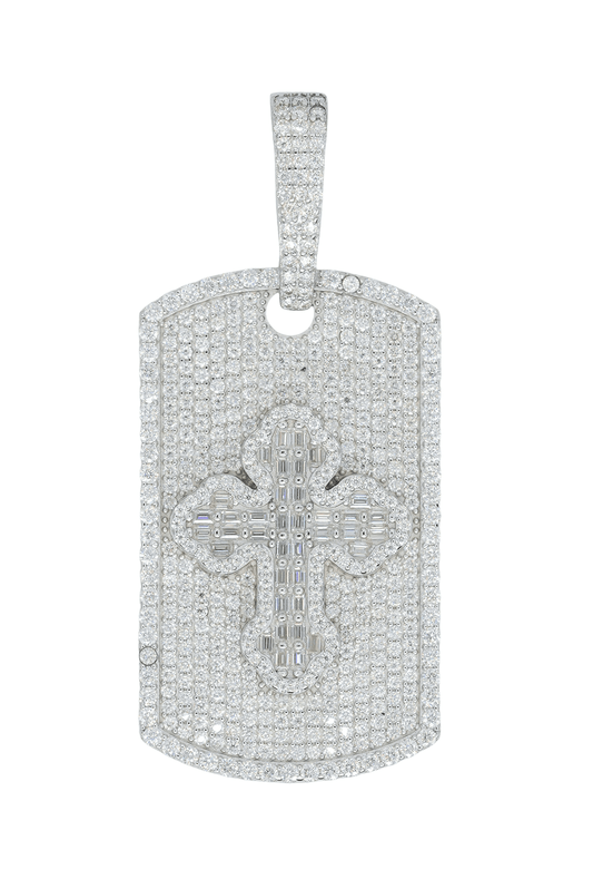 Round And Baguette VVS Moissanite Diamond Tag Cross Pendant