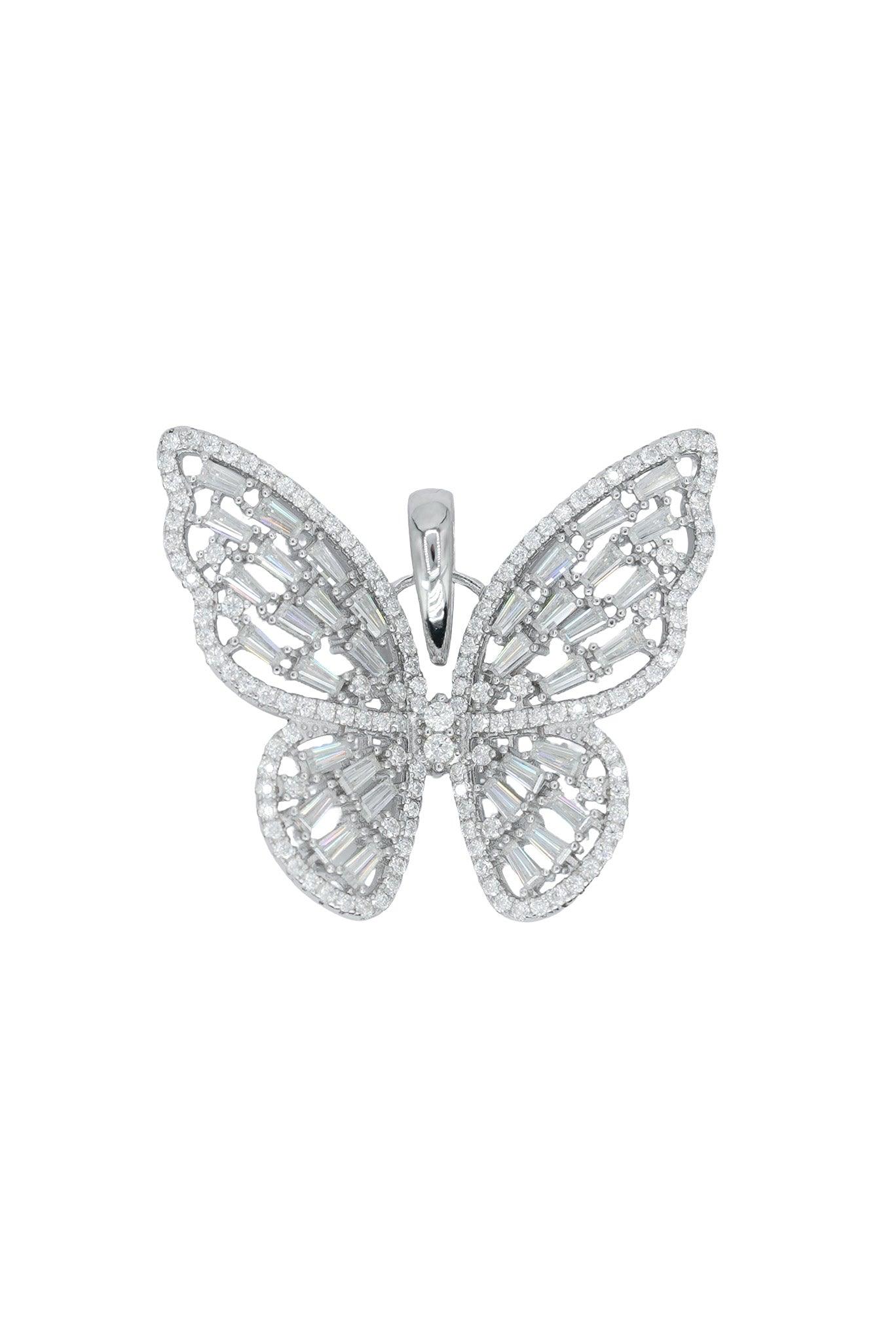 Round And Baguette VVS Moissanite Diamond Thin Butterfly Pendant