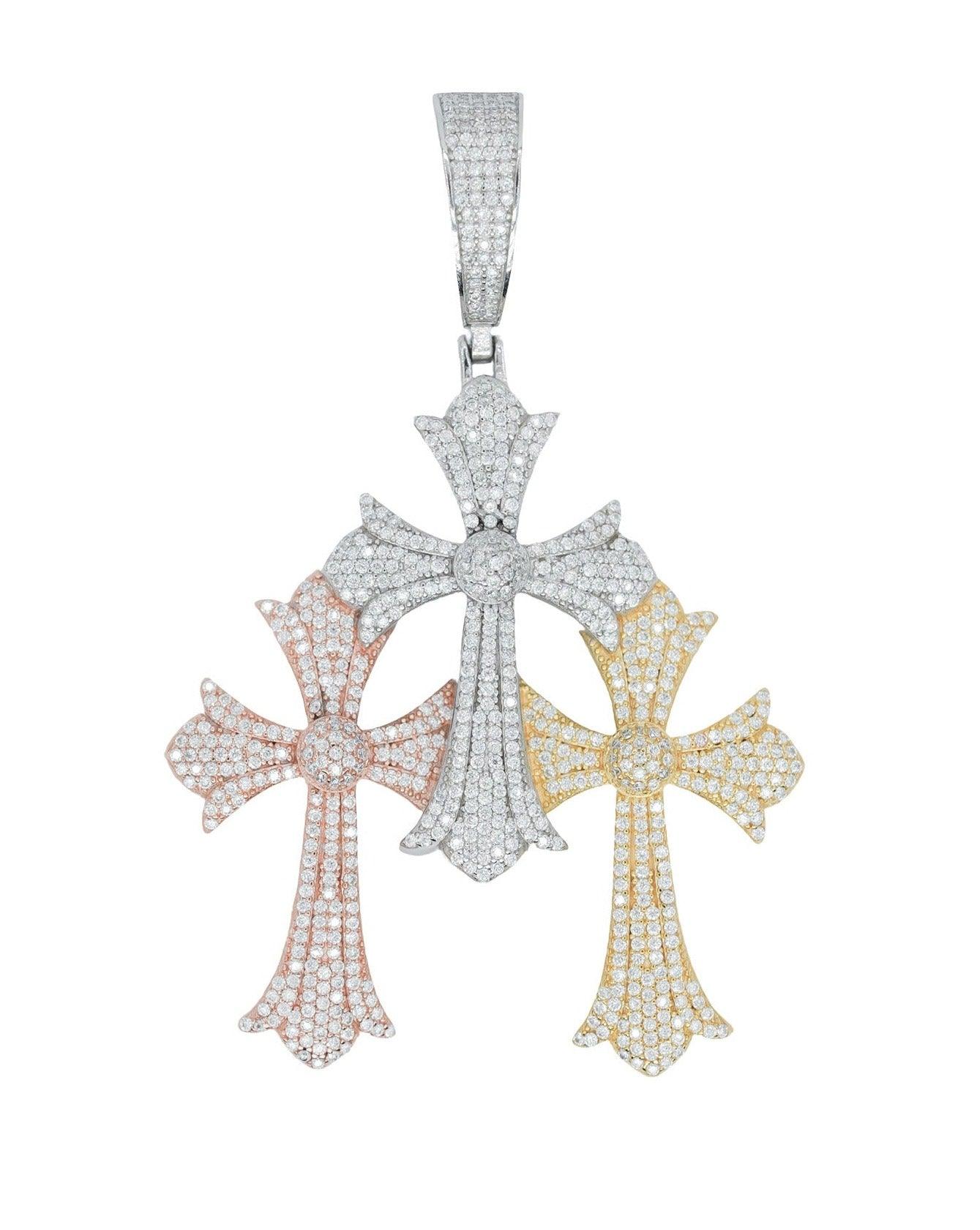 Round VVS Moissanite Diamond Tri Color Cross Pendant